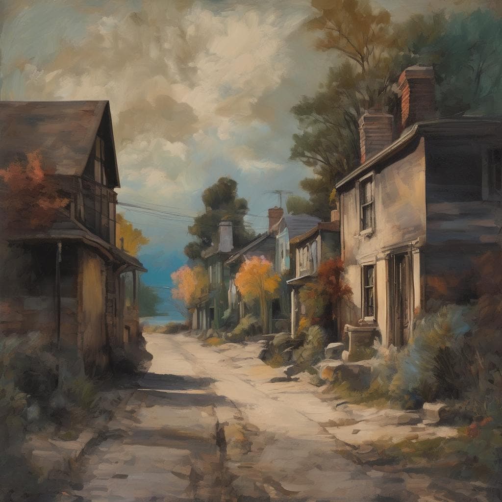 οδός με παλιά σπίτια και φύλλα φθινοπώρου, τέχνη και δημιουργοί, ζωντανή εικαστική αποτύπωση.