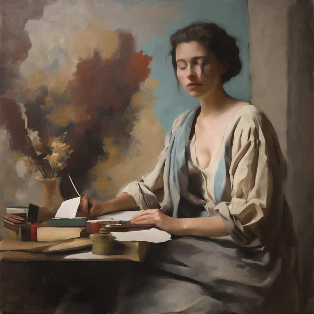 Ανθρώπινη γυναίκα διαβάζει σε τραπέζι, με καλλιτεχνικό εικαστικό ύφος ζωγραφικής.