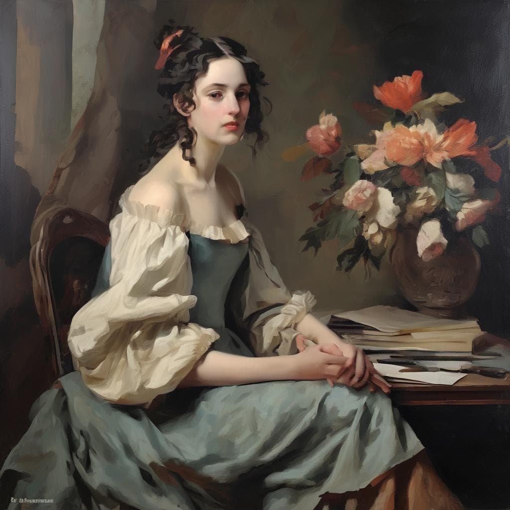 Ομορφη νεαρη γυναικα σε ελαιογραφια, με ανθοστολισμένο τραπεζι και βιβλία, αφιερωμένη στη μεγαλη τέχνη και δημιουργικότητα.