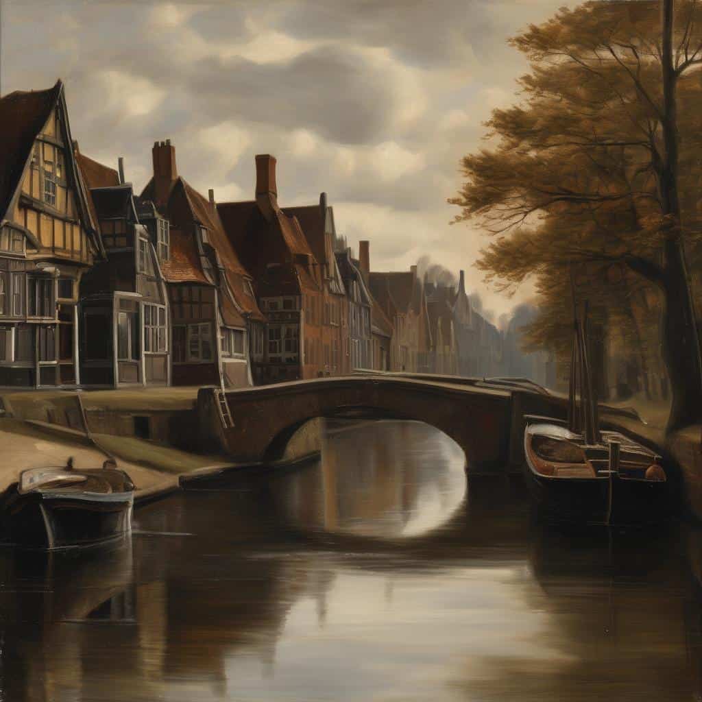 Παράδοσιακά σπίτια δίπλα σε κατανόηση και ήρεμο ποτάμι, απεικονίζοντας την τέχνη μέσα από ζωές μεγάλων δημιουργών.